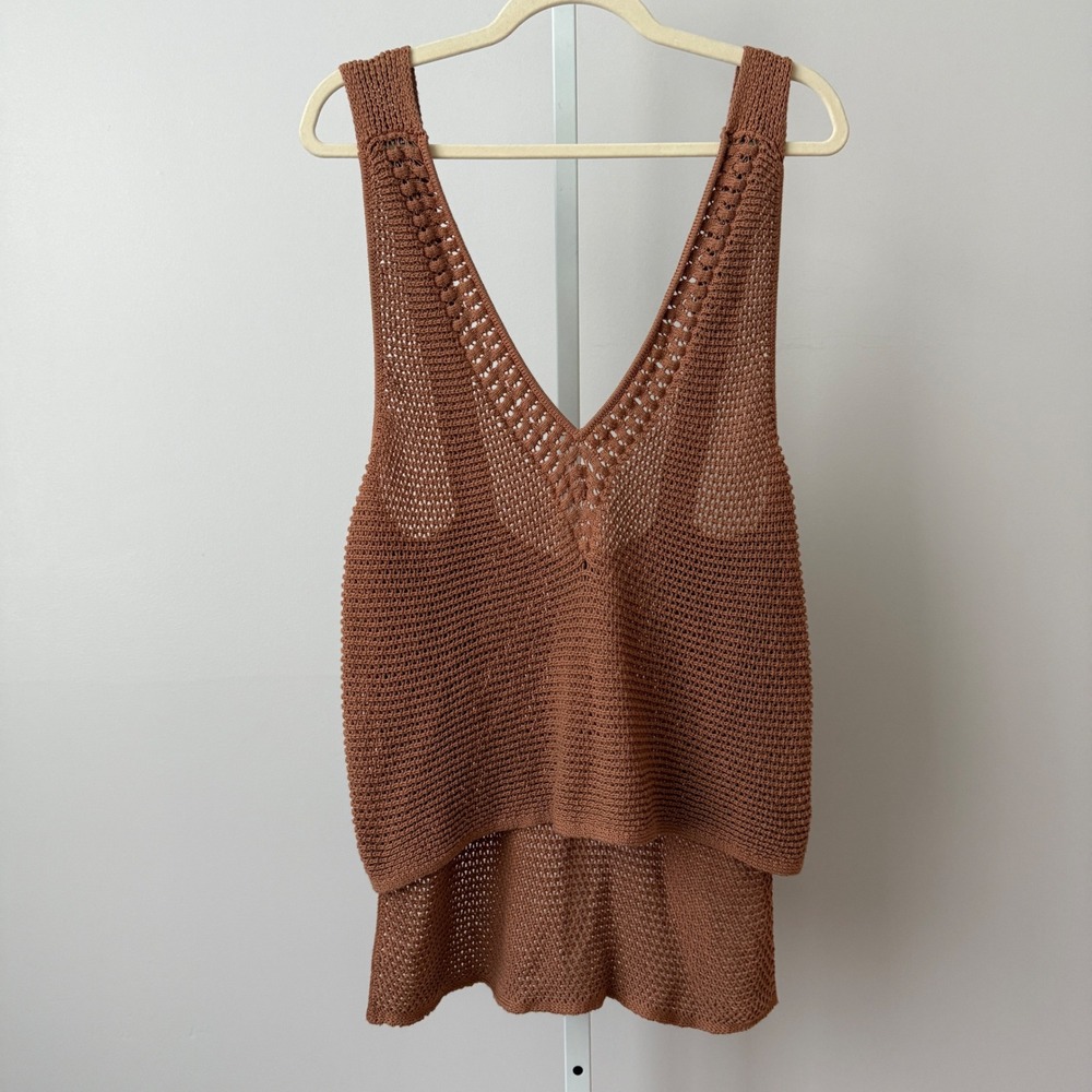ale BY ALESSANDRA Cotton Boho Beachy Relaxed Crochet Knit Tank Top Large Brown